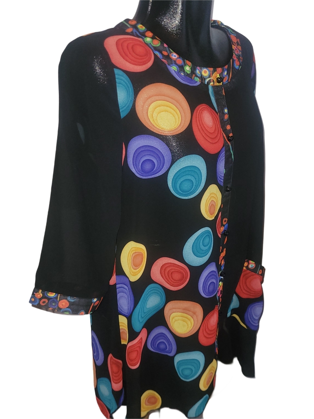 Variations Black Multi-Color Geometric Circles Faux Button-Front Sheer Top L - Picture 2 of 6